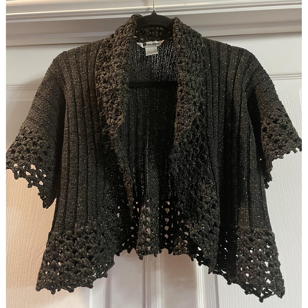 Nygard Collection Shrug Sweater Womens L Black Metallic Open Knit Crochet Trim